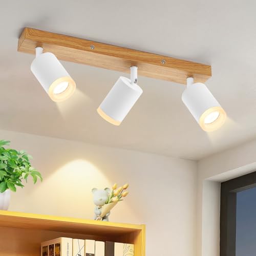 ZMH LED Deckenleuchte Deckenstrahler 3 Flammig - Deckenlampe Weiß Küchenlampe GU10 Holz Deckenspots 350° Drehbar Vintage Strahler Flur Retro für Wohnzimmer Schlafzimmer Küche (Ohne Leuchtmittel)