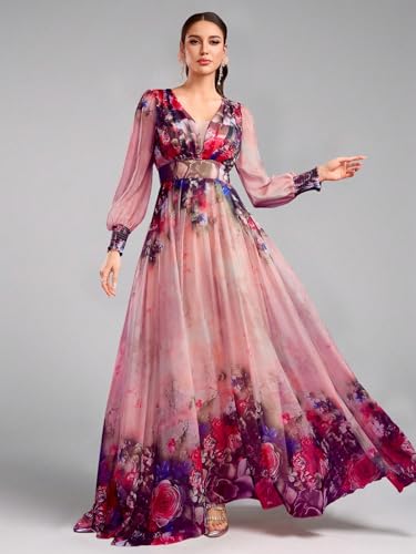 Image of TOLEEN Summer Casual Dresses for Women 2024 Spring Fashion Boho V Neck Long Sleeve Ruffle Floral Print Elegant Maxi Dress