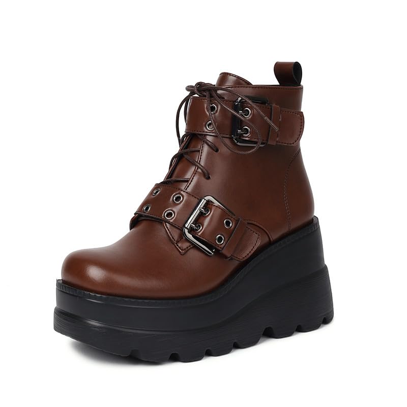 Shinelly Platform Goth Ankle Boots for Womem Lace Up Wedges High Chunky Heels Combat Booties Lolita Shoes Square
