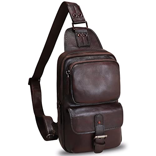 LRTO Genuine Leather Sling Bag Crossbody Motorcycle Bag Handmade Hiking Chest Daypack Retro Shoulder Backpack (Coffee)