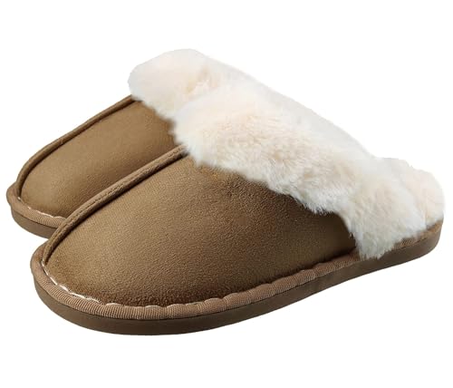 SMajong Hausschuhe Damen Herren Winter Warme Plüsch Pantoffeln Lammfell Flauschige rutschfeste Slippers Indoor Outdoor Khaki 40/41 EU (Sohlengröße 42/43)
