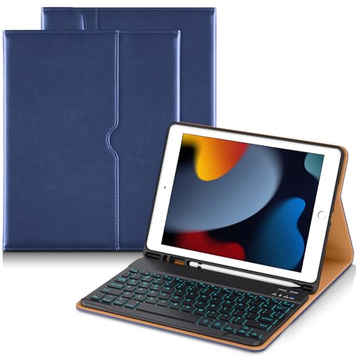 Image of DTTO for iPad 9th /8th /7th Generation 10.2 Inch Case 2021 /2020 /2019 with Keyboard, 7 Colors Backlit Wireless Detachable Keyboard Premium Leather Folio Cover with Pencil Holder & Pocket, Navy Blue