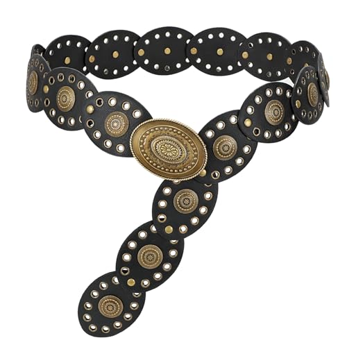 LEACOOLKEY Hollow Western Disc Belt for Dress Boho Concho Belt Vintage Country Waist Belts for Women