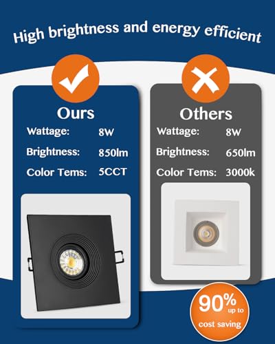 Image of 6 Pack 4 Inch Square LED Recessed Lighting, 8W Black Sloped Ceiling Recessed Light Fixture, 360 Eyeball Wafer Light for Directional Lighting, 5CCT Gimbal Downlight, 4 Inch 6 Pack Black