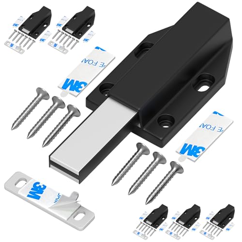 Magnetic Push Latch Without Nail Installation Tonitrui Heavy Duty Magnetic Touch Latches for Large Door Push Release Latch Kitchen Drawer Push Catch Press Out Latch (Black 6 Pack)