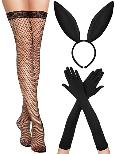 Bunny Costumes Set for Women Bunny Ears Headband Gloves Lace Stockings Long Bunny Hair Hoop for Valentine's Day Accessories, Black