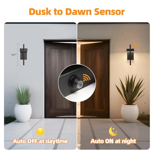 Image of tewei 16.5'' LED Outdoor Wall Sconce Dusk to Dawn Outdoor Lighting, Modern Exterior Lighting Fixtures, Black LED Front Porch Lights Outside Wall Mount Lights for House, Hallway, 3000K, 1 Pack