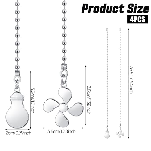 Image of Prasacco 4 Pcs Ceiling Fan Pulls Light and Fan Pull Chain Set 12 Inch Ceiling Fan Pull Chain Extender Decorative Pull Chain Extension, Silver
