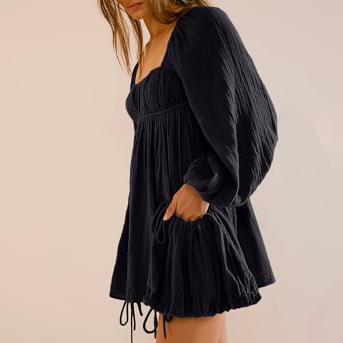 Image of Shiyifa Women's Summer Mini Dress Casual Square Neck Long Sleeves Loose Sundress with Pockets