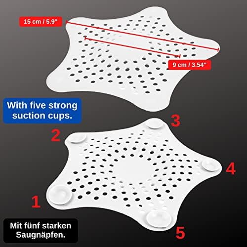 Uniwersalne sitko do odpływu, 2 sztuki, białe, z TPR, 15,5 x 13,5 cm, z 5 przyssawkami zapewniającymi pewny chwyt, do odpływów do Ø 90 mm, sitko odpływowe do zlewozmywaka, sitko do włosów, umywalka, filtr do