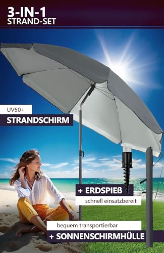 4smile Sunnyjoy Sonnenschirm Strand 3-IN-1 Set - Strandschirm windfest stabil, UPF 50+ Sonnenschirm Strand - Robuster Strandschirm mit Bodenhülse & Schutzhülle, Ø 180 cm, Fb. Anthrazit – Bild 3