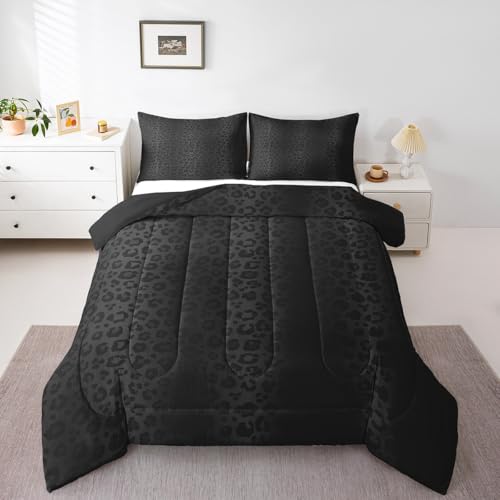Image of Feelyou Kids Black Grey Leopard Bedding Set Toddler Size, Leopard Stripes Comforter Set Zoo Animal Fur Print Comforter Wildlife Duvet Set Boys with 1 Pillow Case