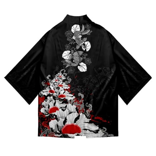 Image of DOSLAVIDA Men's Japanese Kimono Jacket Set Stylish Open Front Coat With Shorts Chinese Style Printed Cardigan Suit