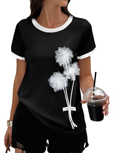 T-shirt col rond femme pour masquer les rondeurs avec style floral 3D