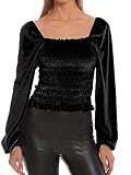 popiv Damen Langarmshirts Elegant Oberteile Samt Einfarbig Slim Fit Tops Puffärmel Quadratischer Ausschnitt Langarm Basic Shirts Tunika