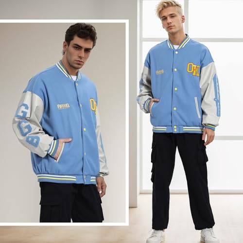 Image of Mens Varsity Jacket Baseball Bomber Jacket Vintage Unisex Streetwear Coats with Patchwork Hipster Utility Tops