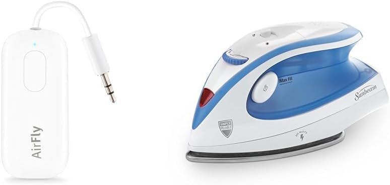 Twelve South AirFly Pro Bluetooth Wireless Audio Transmitter/Receiver for up to 2 AirPods & Sunbeam Hot-2-Trot Travel Steam Iron, 800 Watt Dual Voltage 120/240, Compact Size, Portable