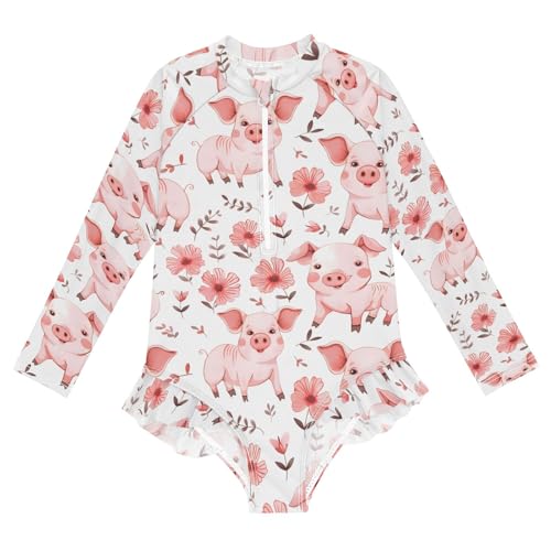 Cute Pig Animal Girls Long Sleeve Swimsuit Rash Guard One Piece Bathing Suits Zipper 3-12T