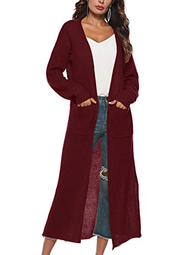 Blaward Womens Casual Long Sleeve Split Open Cardigan Knit Long Cardigan Sweaters with Pockets, Wine Red, XL