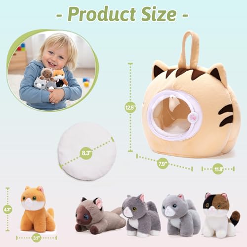 Image of OUOZZZ Cat Stuffed Animal House with 5 Soft Cat Toys for Kids, Portable Gift Set