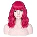 incohair 12 Inches Hot Pink Wig with Bangs Women Girls Short Curly Wavy Bob Wig Synthetic Cosplay Party Daily Wigs Wig Cap Included (Hot Pink)