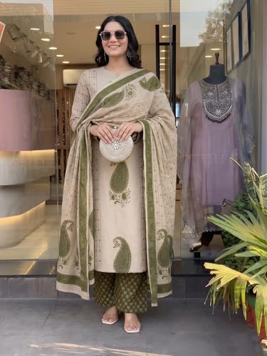 Image of Nermosa Women's Pure Viscose Block Printed Ethnic Wear Straight Kurta Set with Palazzo Pants & Dupatta | Kurta Set for Women | 3 Piece Set