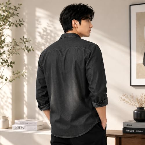 DESIGNALLY Men's Washed Denim Shirt, Dark Grey - Image 4