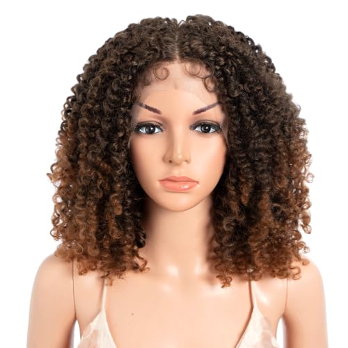 Style Icon 16 Inch Black Afro Jerry Curl Synthetic Wig Super Soft Fiber Lace Part Wig with Baby Hair Middle Part Lace Wig (16 TC1B/30)