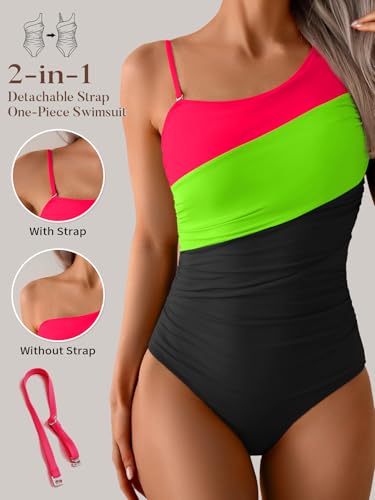 Image of Aidonger One Shoulder One Piece Swimsuit for Women Tummy Control Bathing Suits Color Block Ruched Swim Suit Slimming Swimwear