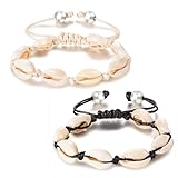 Gurfzcyuoo 2 Pcs Shell Bracelets Anklets Set, Adjustable Natural Bracelet Cowrie Shell Beads Puka Seashells Ankle Jewelry for Women Girls Beach Hawaiian Jewelry (White+Black)