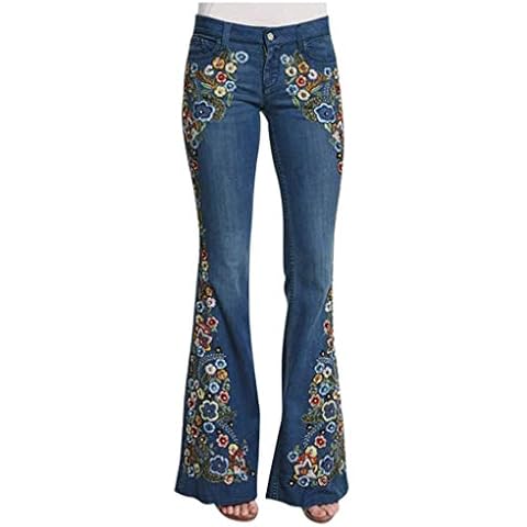 Sanahy Bell Bottom Jeans for Women Flared Floral Embroidered Jean Plus Size Wide Leg Denim Pants Low Rise Flare Leg Jeans for Women(Blue,XL) Cover
