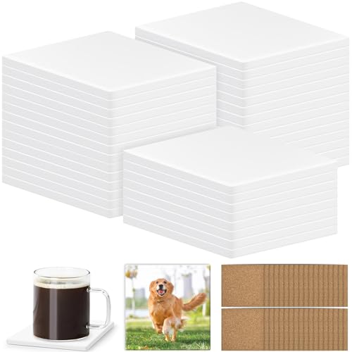 36 PCS Sublimation Coasters Blanks Ceramic Tiles Bulk 4x4 White Unglazed Glazed Ceramic Tiles for Crafts with 36 Cork Sticker Back Square Coasters Sublimation for Heat Transfer DIY Painting