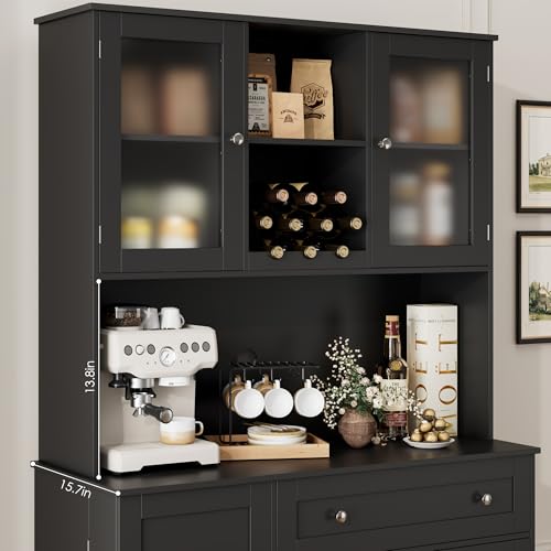 HOSTACK Kitchen Pantry Storage Cabinet with Hutch, Tall Kitchen Hutch with Microwave Stand, Food Pantry Cabinet with Doors and Shelves | Wine Rack for Dining Room, Black