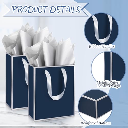 Image of Yeaqee 24 Pack Metallic Paper Gift Bags, Navy Blue, Silver | with Satin Ribbon Handle and Tissue, 9x7x3.1 Inch, Suit Business, Birthday, Christmas, Thank You Return Gifts Bags