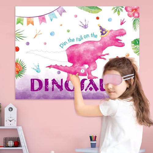 Image of WERNNSAI Pin The Tail on The Dinosaur Girl Dinosaur Party Decorations | Dinosaur Party Games for Kids,Pink Dinosaur Birthday Decorations,28 inch x 21 inch Poster with 24 Stickers and Blindfold