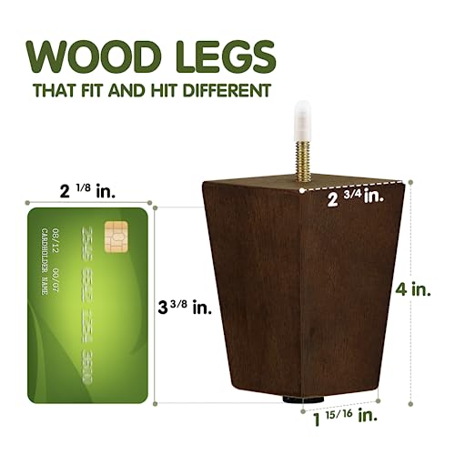 Bme Square Wooden Furniture Legs Set of 4, 10.2 cm, Brown Mid-Century Modern Feet for Sofa, Ottoman, Bench, Dresser, and Table Risers with Adjustable Levelers for Stability and Floor Protection by Yes4All - Image 2