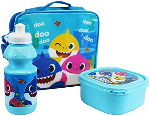 Just Character 3 Piece Lunch Bag with Sandwich Lunch Box and Water Bottle with Different Cartoon Characters (Baby Shark)
