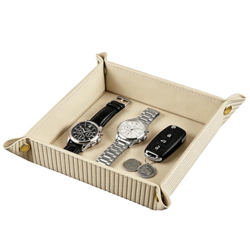 Image of YAPISHI Light Luxury Valet Tray for Men, PU Leather Vanity Jewelry Tray & Decorative Perfume Catchall, Folding Travel EDC Dump Tray, Nightstand Organizer Caddy for Keys, Watches, Coin Bowl Dish