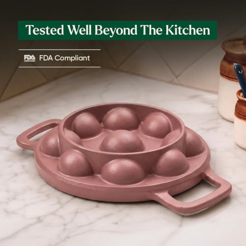 Image of Ember Pre-Seasoned Cast Iron Appe Pan 20 cm with Glass Lid | 9 Cavities | Ready to Cook Paniyaram Pan | Low-Oil Paddu Maker | Terracotta