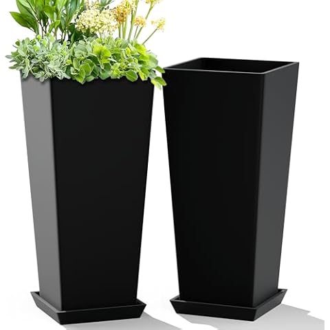 ART DEMO 23.6" Tall Outdoor Planters Large Tall Planter for Indoor or Outdoor, Set of 2 Tapered Square Flower Pots with Tray for Porch, Patio, Backyard(Black) Cover