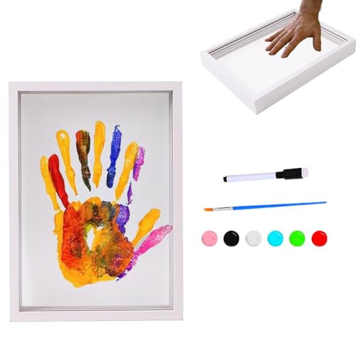 Kit de huellas de manos familiares transparentes, marco de madera de 22,4 x 31 x 4 cm, divertido kit de recuerdos creativos, incluye colores de pintura y hojas transparentes | Kit de huellas a mano