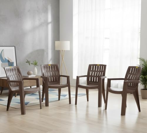 Image of Patiofy Plastic Chair Set of 4 for Home & Outdoor Use | Heavy Duty Comfortable Chair with Strong Legs | Stackable, Easy to Clean | Suitable for Living Room, Balcony (Pack of 4-Spino | Choco Cream)