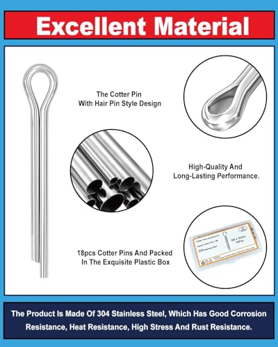 Image of 1 /4 inch x 1-3 /4 inch (M6 x 45mm) Cotter Pins, 304 Stainless Split Pins - 18 Pcs | Hardware fasteners for automotive, tractor & lawn mower. 304 marine grade stainless steel retaining pins for securing.