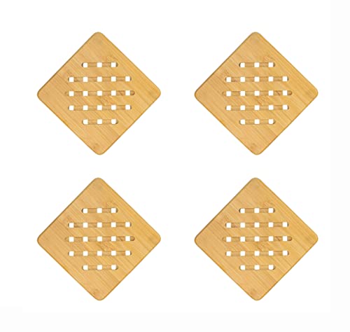 Set of 4 Heat Resistant Bamboo Trivet, Natural Bamboo Trivet, Bamboo Holders, Bamboo Wood Hot Pads for Kitchen Hot Dishes, Pot, Plates (5.8 Inch, Square)