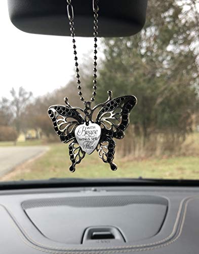 Heart Projects With Brave Wings She Flies Large Antique Silver Tone Butterfly Car Charm, Hanging Ornament for Rear View Mirror, Auto Interior Decor