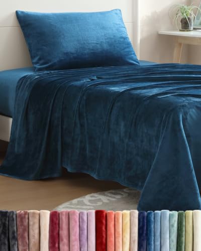 Image of Fleece Sheets Twin XL Size Set - 3-Piece Velvet Flannel Sheet Set - Navy