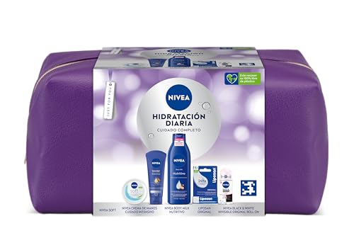 NIVEA Pack Neceser Body Cuidado Completo con body milk 250ml + crema de manos 100ml + NIVEA Soft 100ml + Roll On Black&White 50ml + LIPOSAN bálsamo labial