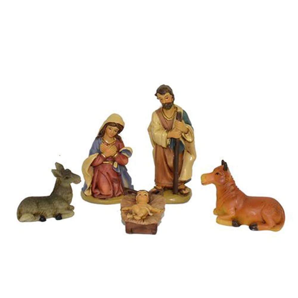 TIENDA EURASIA - Pack para Portal de Belen con 5 Piezas, Que Incluye Las Figuritas de Jesús, María, José, la Mula y el Buey, Tamaño aproximado 9 cm, Decorativo de Navidad