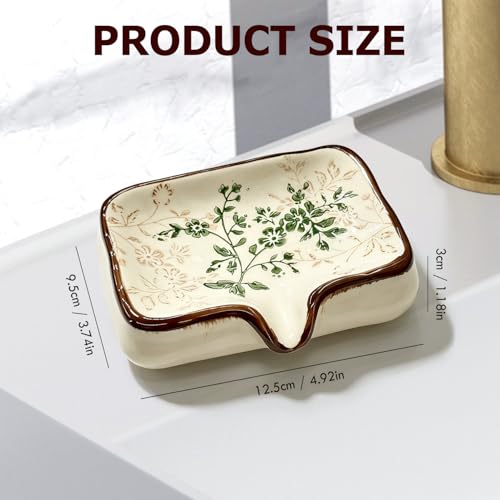 Image of Ceramic Non-Slip Soap Holder with V-Drainage | Elegant Nordic Floral Pattern for Shower, Bathroom & Kitchen Sink - Reduces Waste