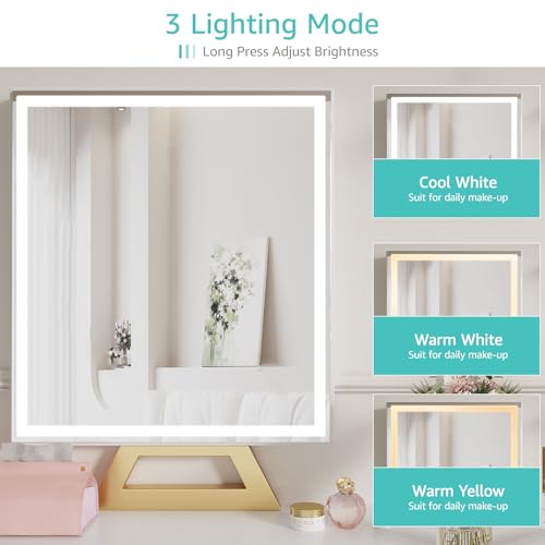 Image of Small Makeup Vanity Desk with Lights, 31 inch Girls Vanity Set with Mirror and Chair, Make Up Dresser Table with Drawers and Power Outlet for Bedroom Small Space, White and Gold